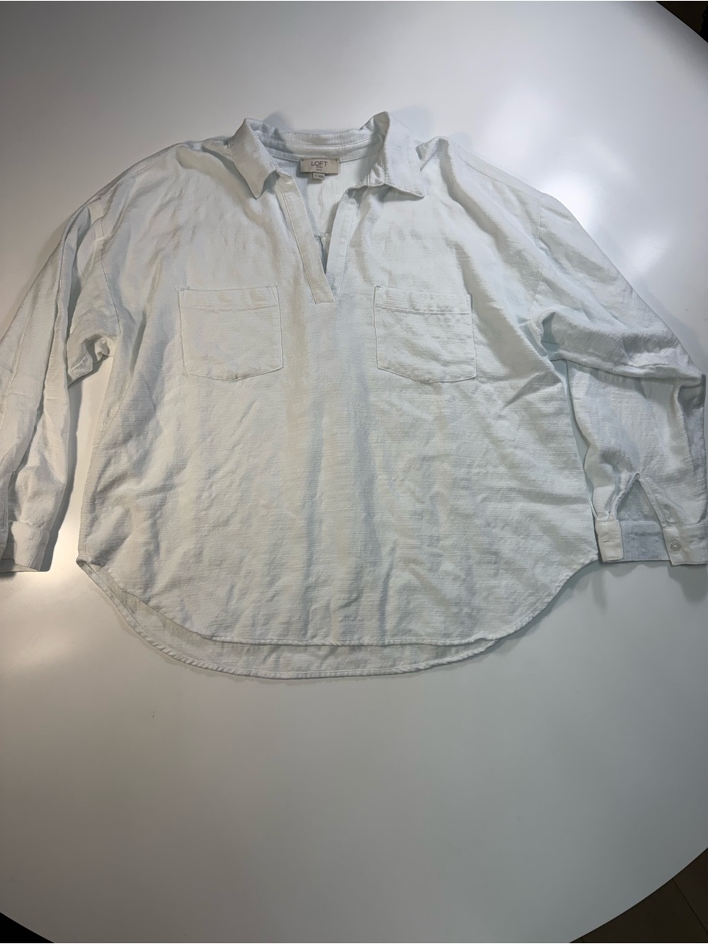 LOFT Cotton Blend White Button-Front Popover Blouse - Picture 2 of 7